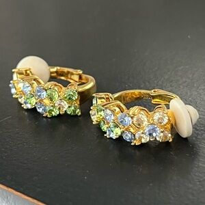 Joan Rivers Pastel Green & Blue Crystal Clip on Hoop Earrings